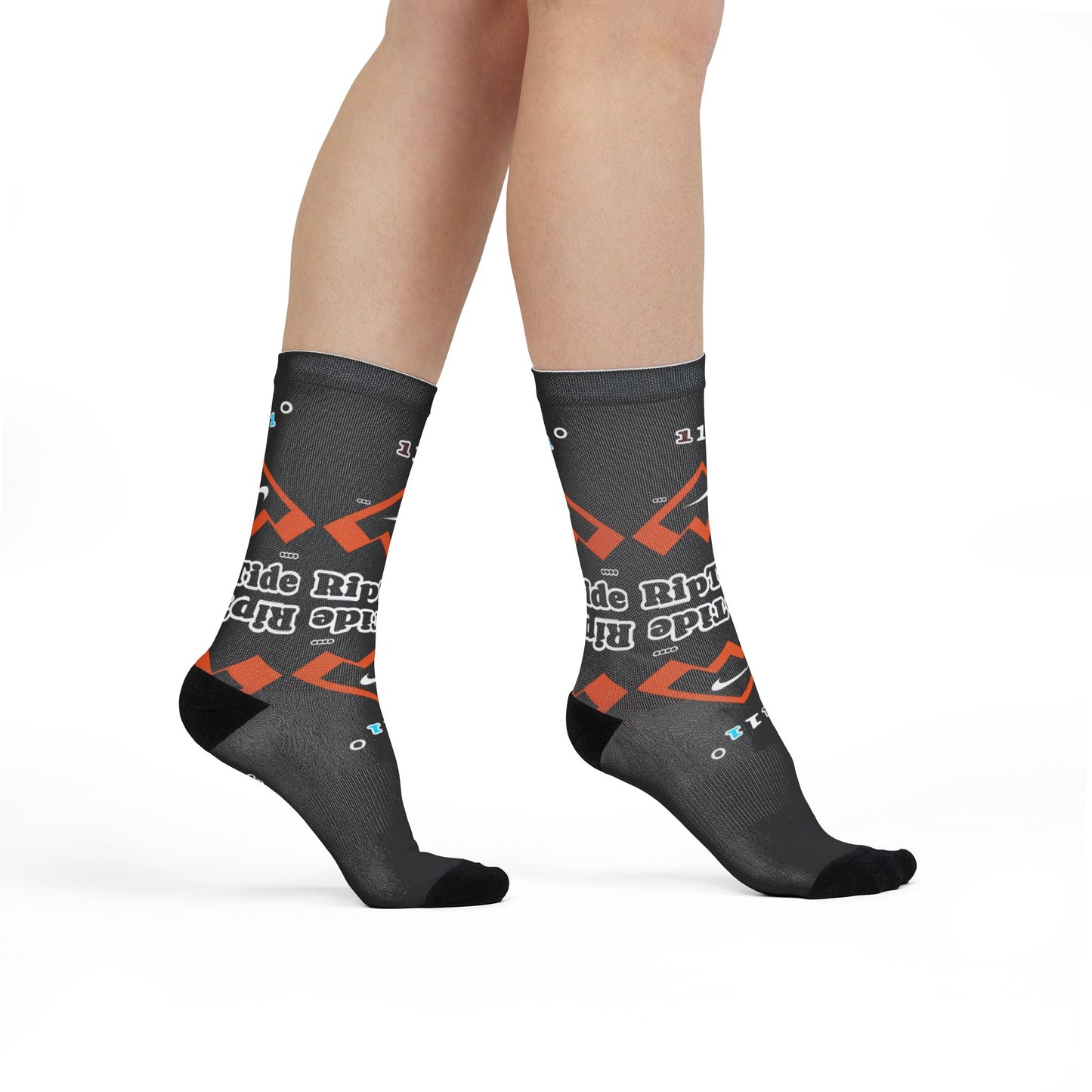 RipTide Black Sublimation Crew Socks — Orange Geometric Logo Athletic Socks