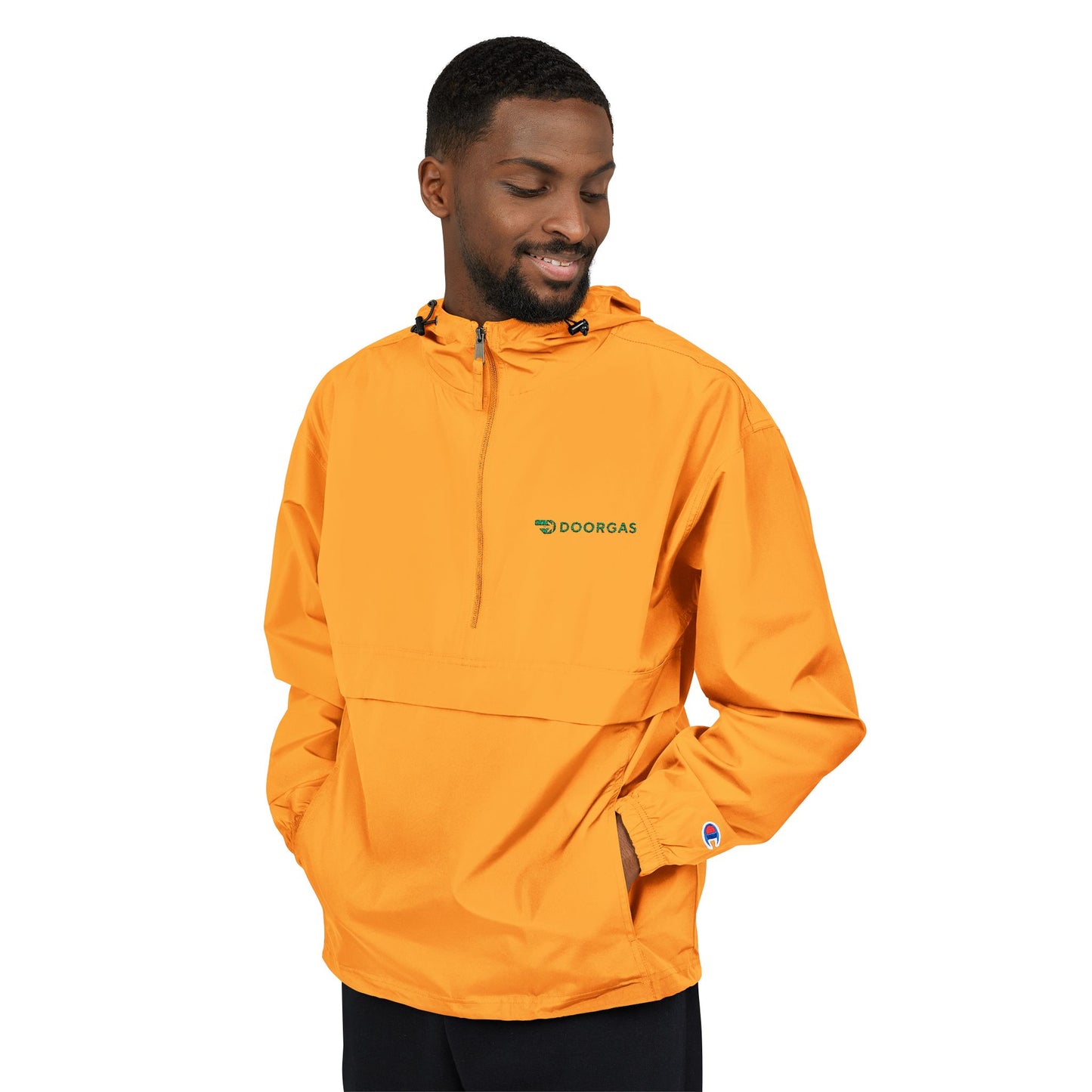 Doorgas Embroidered Driver Packable Anorak Jacket – Lightweight Orange Windbreaker with Hood