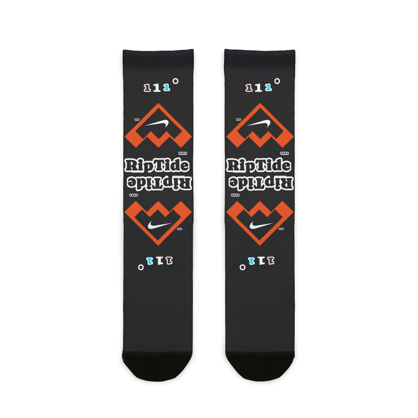 RipTide Black Sublimation Crew Socks — Orange Geometric Logo Athletic Socks