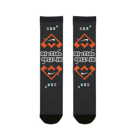 RipTide Black Sublimation Crew Socks — Orange Geometric Logo Athletic Socks