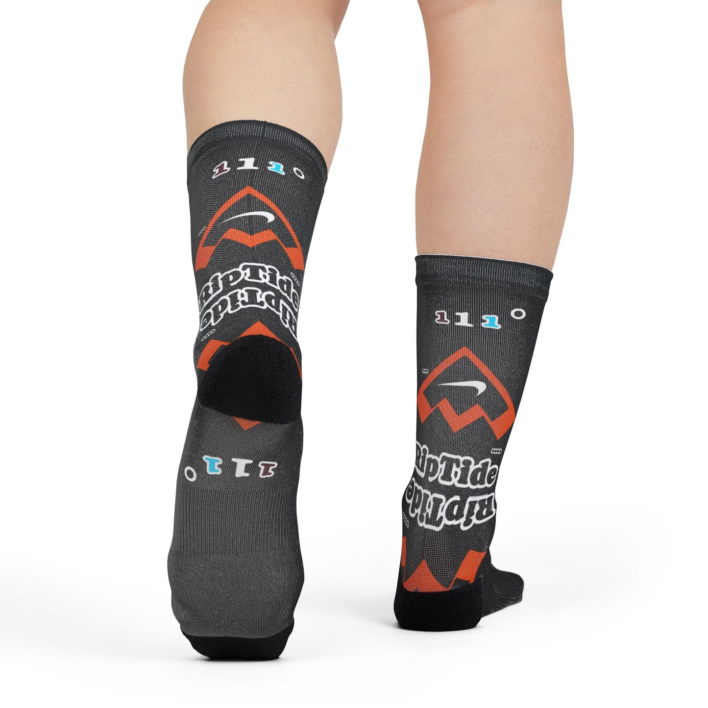 RipTide Black Sublimation Crew Socks — Orange Geometric Logo Athletic Socks