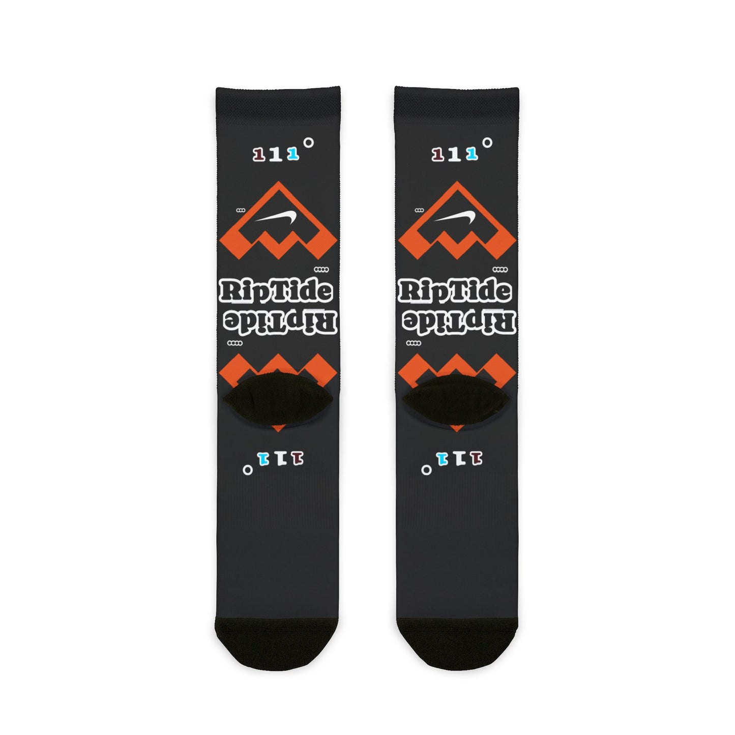 RipTide Black Sublimation Crew Socks — Orange Geometric Logo Athletic Socks